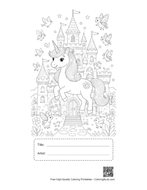 Thumbnail: Adorable Baby Unicorn Posing by a Fairytale Royal Palace Printable with Title and Artist Box