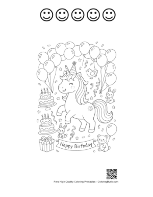 Thumbnail: Adorable Birthday Unicorn with Festive Party Decorations and Stars Printable and 5 Happy Face Outline