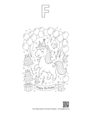 Thumbnail: Adorable Birthday Unicorn with Festive Party Decorations and Stars Printable Outline Alphabet F