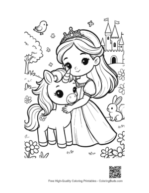 Thumbnail: Adorable Princess Cuddling with a Cute Baby Unicorn Printable