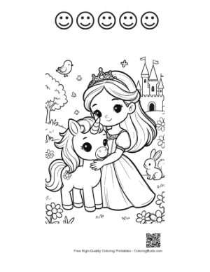 Thumbnail: Adorable Princess Cuddling with a Cute Baby Unicorn Printable and 5 Happy Face Outline