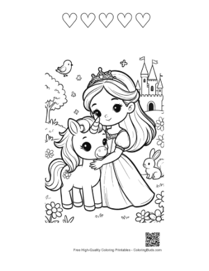 Thumbnail: Adorable Princess Cuddling with a Cute Baby Unicorn Printable and 5 Heart Outline