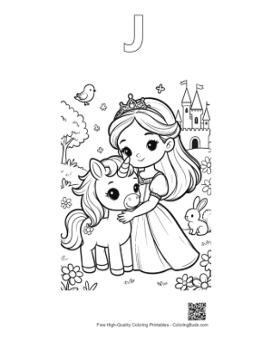 Thumbnail: Adorable Princess Cuddling with a Cute Baby Unicorn Printable Outline Alphabet J