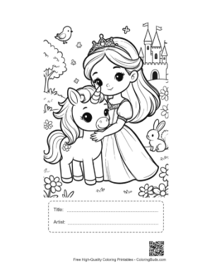 Thumbnail: Adorable Princess Cuddling with a Cute Baby Unicorn Printable with Title and Artist Box