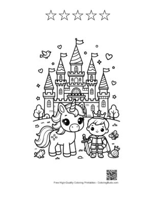 Thumbnail: Brave Unicorn Guarding a Majestic Fairytale Castle Printable and 5 Star Outline