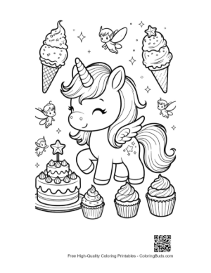 Thumbnail: Cute Ice Cream Unicorn Sitting with Cupcakes and Sweet Treats Printable