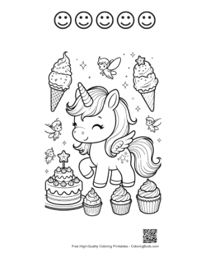 Thumbnail: Cute Ice Cream Unicorn Sitting with Cupcakes and Sweet Treats Printable and 5 Happy Face Outline
