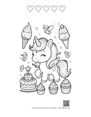 Thumbnail: Cute Ice Cream Unicorn Sitting with Cupcakes and Sweet Treats Printable and 5 Heart Outline