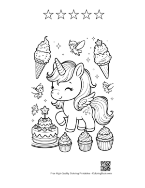 Thumbnail: Cute Ice Cream Unicorn Sitting with Cupcakes and Sweet Treats Printable and 5 Star Outline