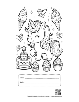 Thumbnail: Cute Ice Cream Unicorn Sitting with Cupcakes and Sweet Treats Printable with Title and Artist Box