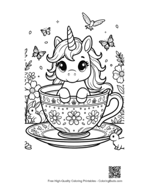 Thumbnail: Cute Unicorn Peeking Out from a Decorative Tea Cup Printable