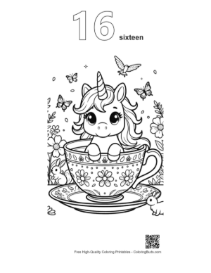 Thumbnail: Cute Unicorn Peeking Out from a Decorative Tea Cup Printable Outline Number 16