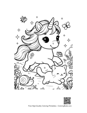 Thumbnail: Friendly Unicorn with a Little Kitten on a Floral Meadow Printable