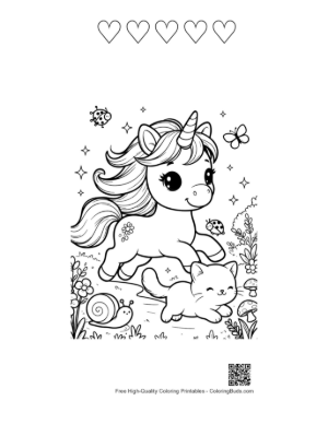 Thumbnail: Friendly Unicorn with a Little Kitten on a Floral Meadow Printable and 5 Heart Outline