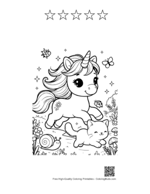 Thumbnail: Friendly Unicorn with a Little Kitten on a Floral Meadow Printable and 5 Star Outline