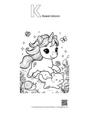 Thumbnail: Friendly Unicorn with a Little Kitten on a Floral Meadow Printable Outline Alphabet K Kawaii Unicorn