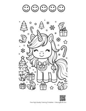 Thumbnail: Happy Unicorn Celebrating Christmas with a Santa Hat and Ornaments Printable and 5 Happy Face Outline