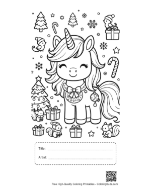 Thumbnail: Happy Unicorn Celebrating Christmas with a Santa Hat and Ornaments Printable with Title and Artist Box