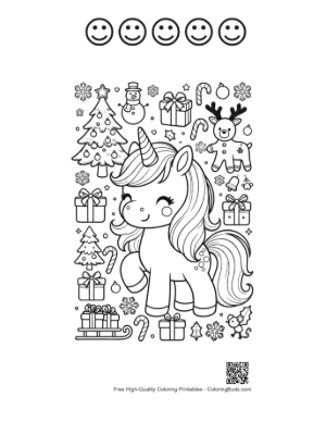 Thumbnail: Kawaii Holiday Unicorn with a Christmas Bow and Snowy Decorations Printable and 5 Happy Face Outline