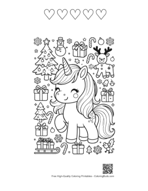 Thumbnail: Kawaii Holiday Unicorn with a Christmas Bow and Snowy Decorations Printable and 5 Heart Outline