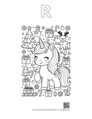 Thumbnail: Kawaii Holiday Unicorn with a Christmas Bow and Snowy Decorations Printable Outline Alphabet R