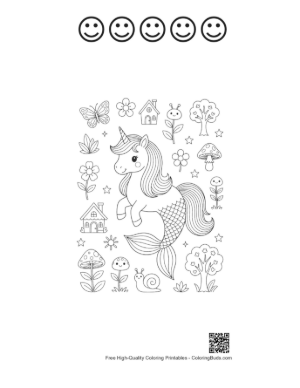 Thumbnail: Kawaii Mermaid Unicorn Swimming with Sea Friends Underwater Printable and 5 Happy Face Outline