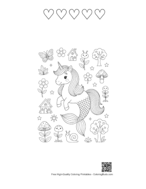 Thumbnail: Kawaii Mermaid Unicorn Swimming with Sea Friends Underwater Printable and 5 Heart Outline
