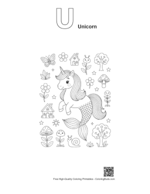 Thumbnail: Kawaii Mermaid Unicorn Swimming with Sea Friends Underwater Printable Outline Alphabet U Unicorn