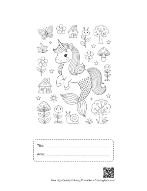Thumbnail: Kawaii Mermaid Unicorn Swimming with Sea Friends Underwater Printable with Title and Artist Box