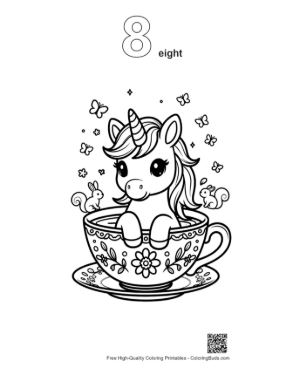 Thumbnail: Kawaii Unicorn Character Sitting Comfortably in a Teacup Printable Outline Number 8