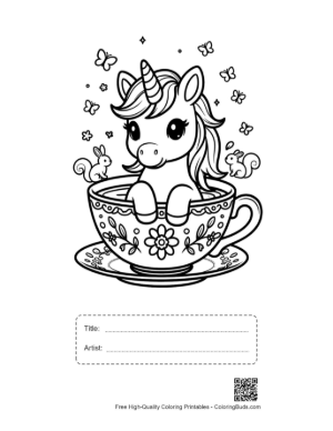 Thumbnail: Kawaii Unicorn Character Sitting Comfortably in a Teacup Printable with Title and Artist Box