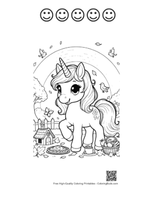 Thumbnail: Kawaii Unicorn Enjoying a Rainbow in a Spring Flower Garden Printable and 5 Happy Face Outline