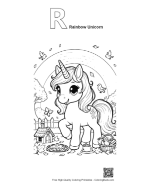 Thumbnail: Kawaii Unicorn Enjoying a Rainbow in a Spring Flower Garden Printable Outline Alphabet R Rainbow Unicorn