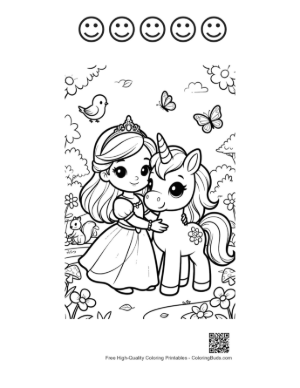 Thumbnail: Lovely Girl in a Dress Hugging a Magical Unicorn Printable and 5 Happy Face Outline