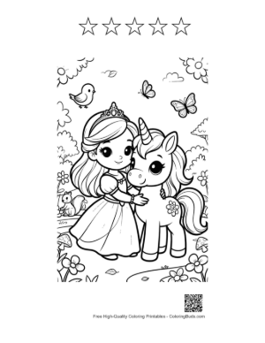 Thumbnail: Lovely Girl in a Dress Hugging a Magical Unicorn Printable and 5 Star Outline