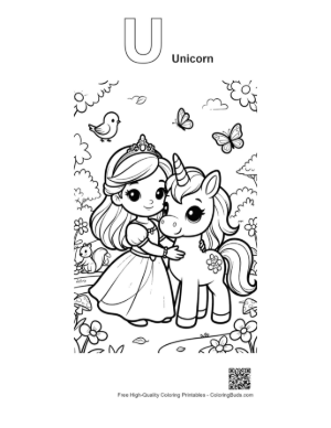 Thumbnail: Lovely Girl in a Dress Hugging a Magical Unicorn Printable Outline Alphabet U Unicorn