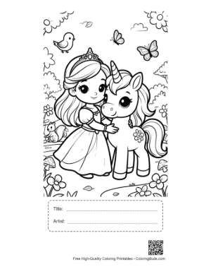 Thumbnail: Lovely Girl in a Dress Hugging a Magical Unicorn Printable with Title and Artist Box