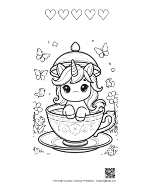 Thumbnail: Lovely Unicorn Baby Taking a Bath in a Magic Tea Cup Printable and 5 Heart Outline