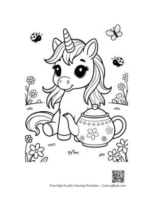 Thumbnail: Lovely Unicorn Standing Beside a Magical Tea Set Printable