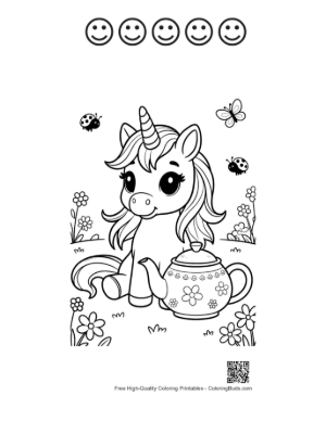 Thumbnail: Lovely Unicorn Standing Beside a Magical Tea Set Printable and 5 Happy Face Outline