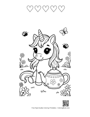 Thumbnail: Lovely Unicorn Standing Beside a Magical Tea Set Printable and 5 Heart Outline