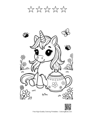 Thumbnail: Lovely Unicorn Standing Beside a Magical Tea Set Printable and 5 Star Outline