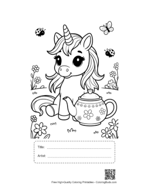 Thumbnail: Lovely Unicorn Standing Beside a Magical Tea Set Printable with Title and Artist Box