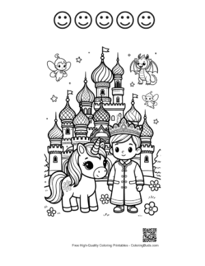 Thumbnail: Noble Unicorn Standing Before a Grand Royal Castle Printable and 5 Happy Face Outline