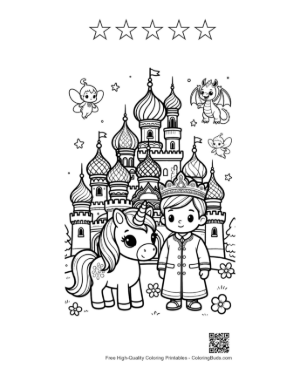Thumbnail: Noble Unicorn Standing Before a Grand Royal Castle Printable and 5 Star Outline