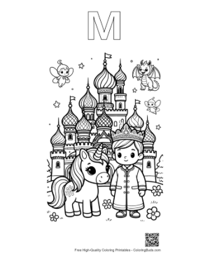 Thumbnail: Noble Unicorn Standing Before a Grand Royal Castle Printable Outline Alphabet M