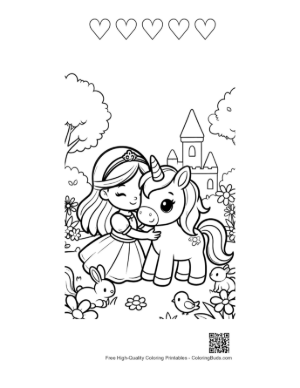 Thumbnail: Pretty Princess and Unicorn Companion in a Garden Printable and 5 Heart Outline
