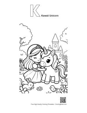 Thumbnail: Pretty Princess and Unicorn Companion in a Garden Printable Outline Alphabet K Kawaii Unicorn