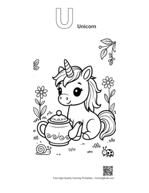 Thumbnail: Sweet Baby Unicorn Enjoying a Tea Party with a Flower Teapot Printable Outline Alphabet U Unicorn