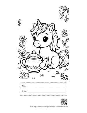 Thumbnail: Sweet Baby Unicorn Enjoying a Tea Party with a Flower Teapot Printable with Title and Artist Box